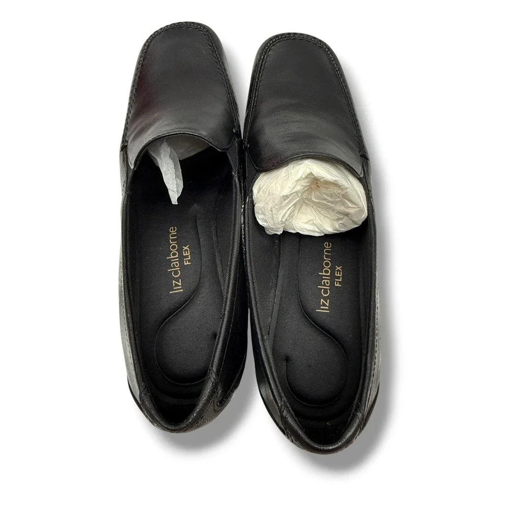 Vintage Liz Claiborne Black Leather Wedge Loafers 7.5 Square Toe Comfort Y2K NEW